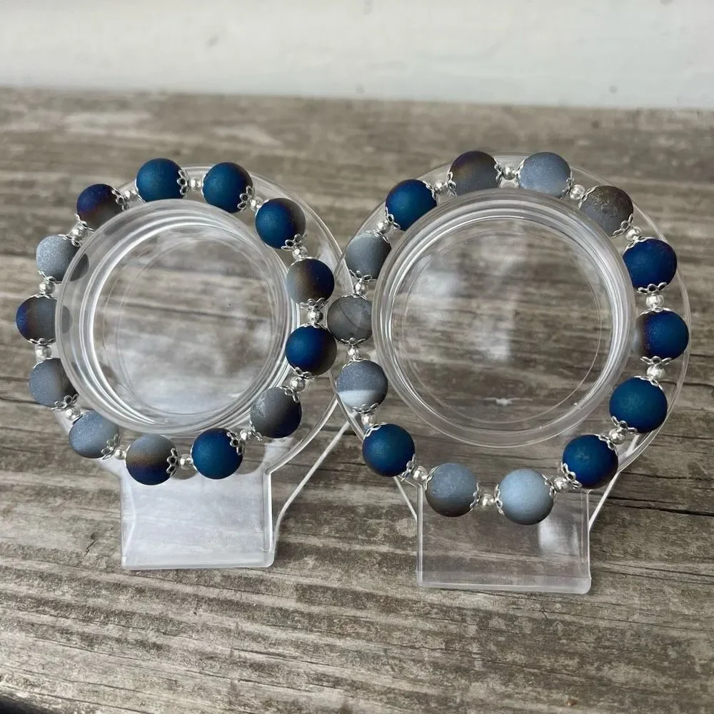 Druzy Peacock Aura Agate Crystal 10mm NEW blue purple white gold bracelet ONE st